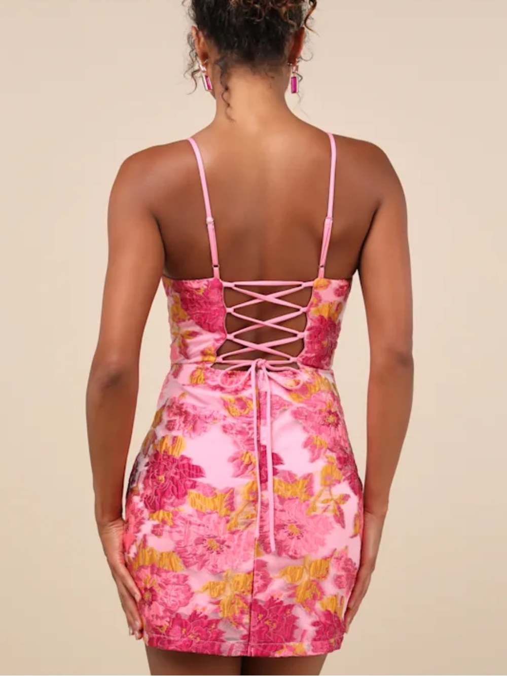 Lulus / B. Right Flirtatious Composure Pink Jacquard Lace-Up Bustier Mini Dress - Picture 3 of 13